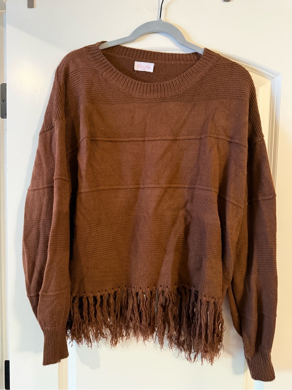 Pink Lily Brown/Rust Crewneck Sweater with Fringe Hem